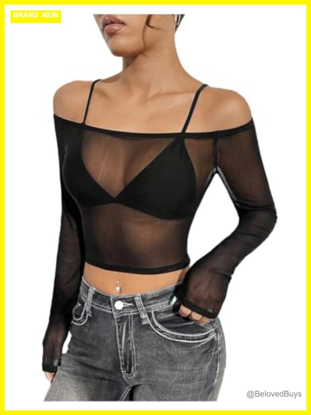 Women's Sheer Mesh Cropped Off Shoulder Long Sleeve Top